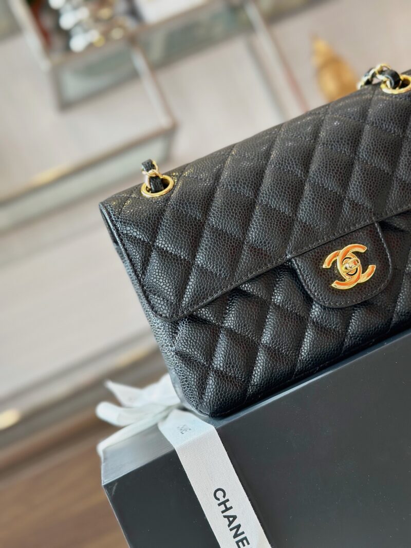 Chanel Classic Handbags With Lock Gold Black Leather 23cm