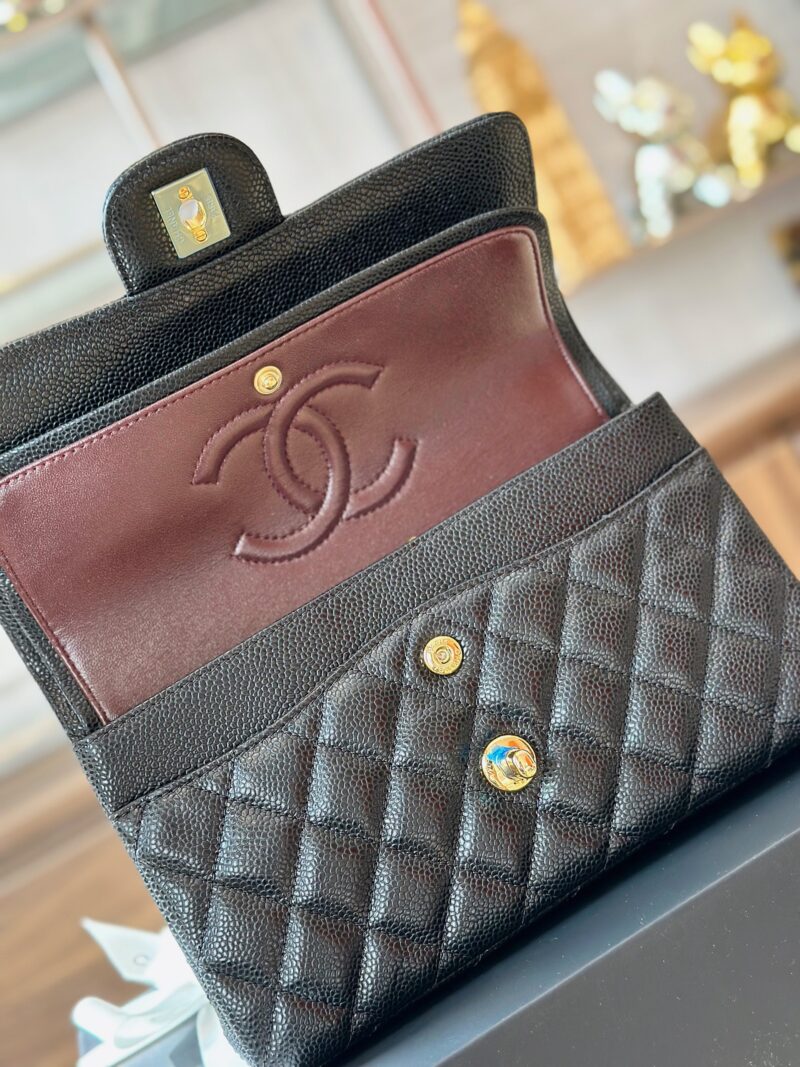 Chanel Classic Handbags With Lock Gold Black Leather 23cm