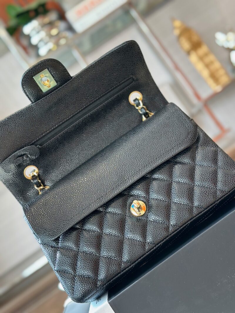 Chanel Classic Handbags With Lock Gold Black Leather 23cm