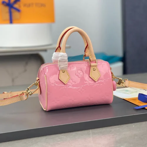 Untitled-design-2025-05-28T111212.624 Louis Vuitton LV Nano Speedy Pink Mini Like Auth Shiny Leather Handbags 16x10x7.5cm