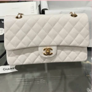 Chanel Classic Woman’s White Like Auth Handbags Lock Gold 25cm