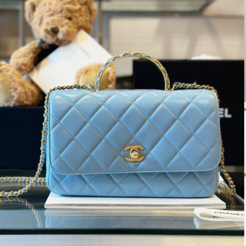 Chanel Coco Mini Handbag Like Auth Blue Smooth Leather With Lock Gold 22x21cm