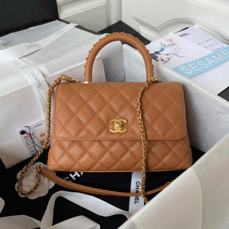 Chanel Coco Brown Leather With Lock Gold Handbags 24cm