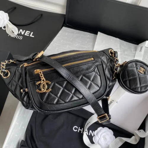 Untitled-design-2025-05-29T024717.827 Chanel Bumbag Black Wrinkled Leather Lock Gold Handbags 34x15x6cm