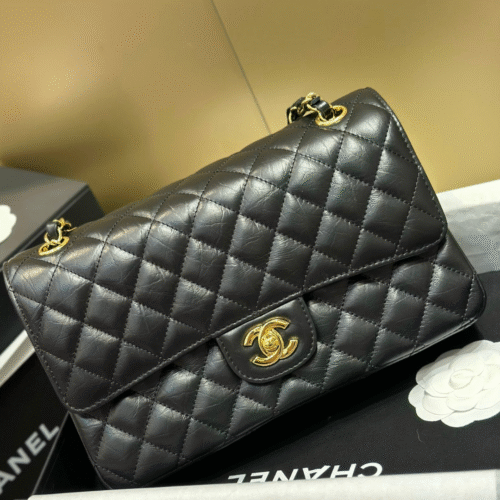 Untitled-design-2025-05-29T025032.880 Chanel Classic Lock Gold With Black Wrinkled Skin Like Auth Handbags 25cm