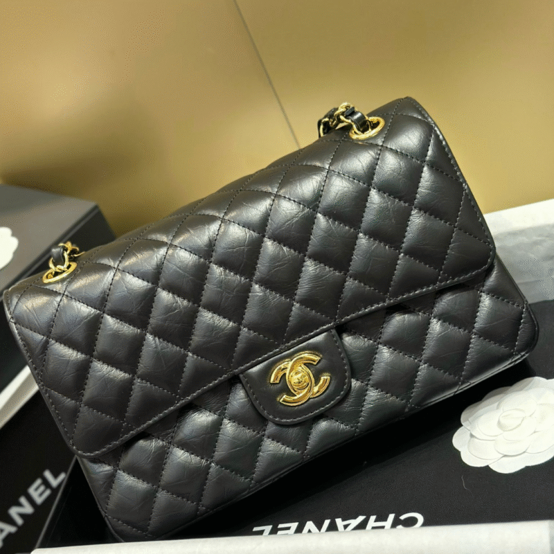 Chanel Classic Lock Gold With Black Wrinkled Skin Like Auth Handbags 25cm