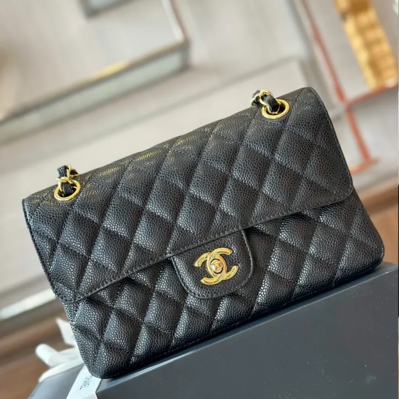 Chanel Classic Handbags With Lock Gold Black Leather 23cm