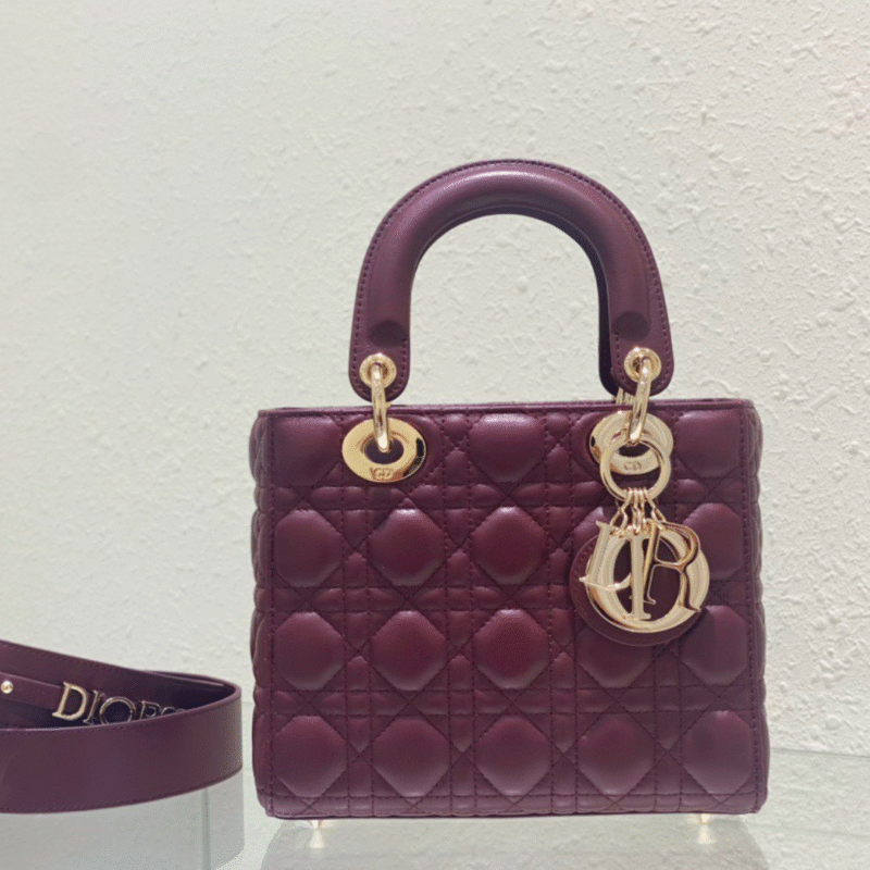 Dior Lady ABC High-end Women’s Handbag, Dark Red, Soft Leather 20cm
