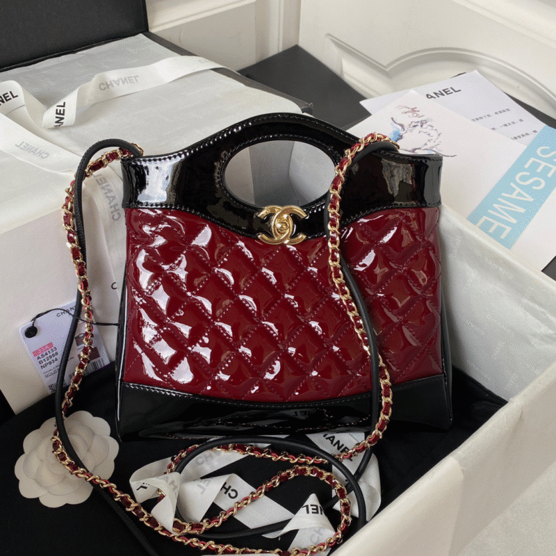 Chanel Mini Shopping Bag Handbags Red Shiny Leather 31cm
