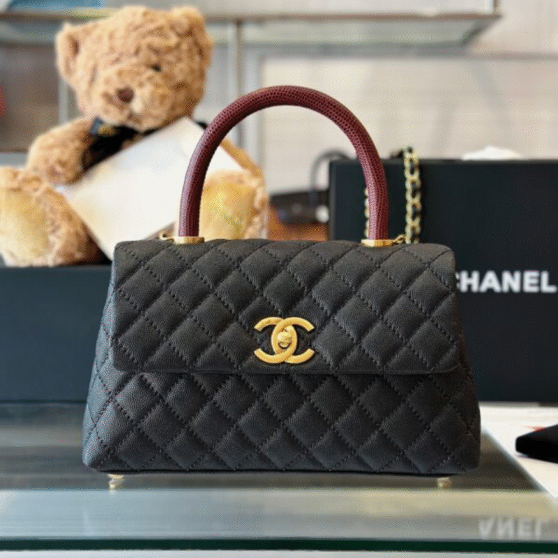 Chanel Handbag Coco Lock Gold Lizard Skin Black 24cm
