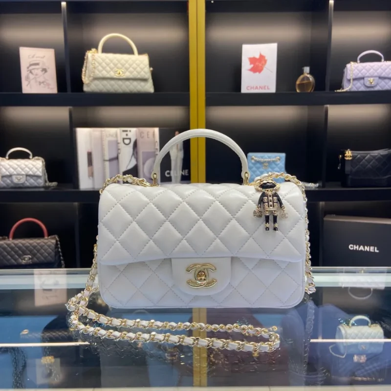 Chanel Handle Charm Like Auth Handbags Lock Gold Demi White 20x12cm