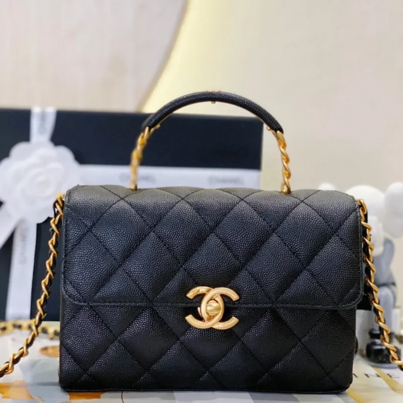 Chanel Handle Woman’s Black Leather Handbags Pebbled Leather 19cm