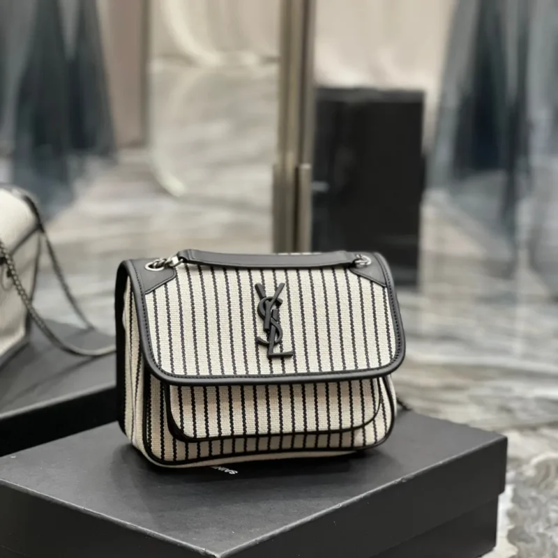 Saint Laurent Cotton Canvas Striped Vintage Calfskin Monogram Medium Niki Chain Satchel