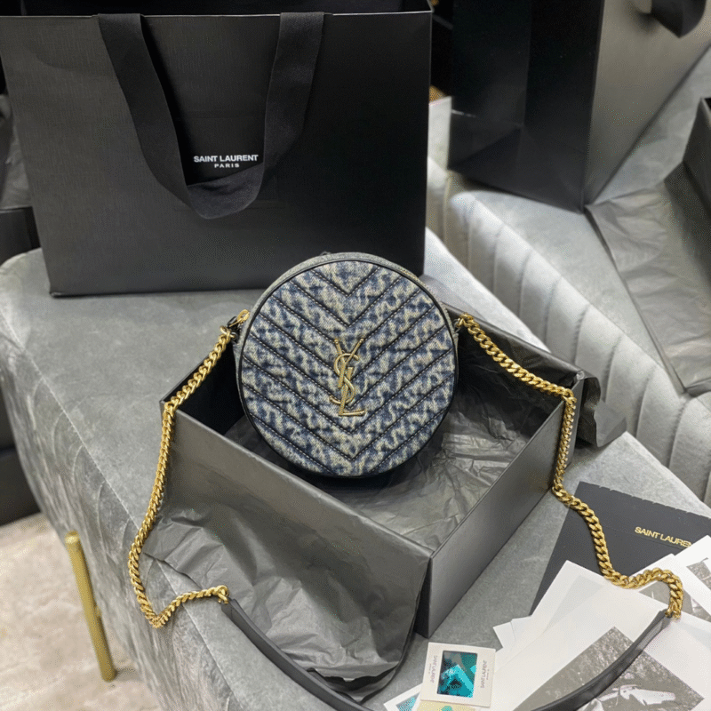 Saint Laurent YSL Women Vinyle Round Camera Bag in Chevron-Quilted Denim and Suede