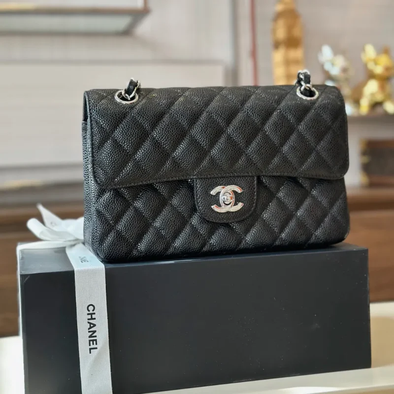 Chanel Classic 11 Handbags Woman’s Black Leather Lock Silver 23cm