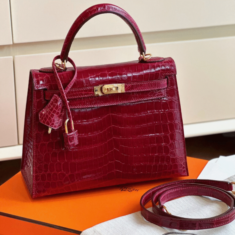Hermes Kelly 25 Red Genuine Crocodile Leather With Gold Hardare
