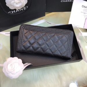 Chanel Wallet Like Auth Black Grained Leather Silver Lock 19x10cm
