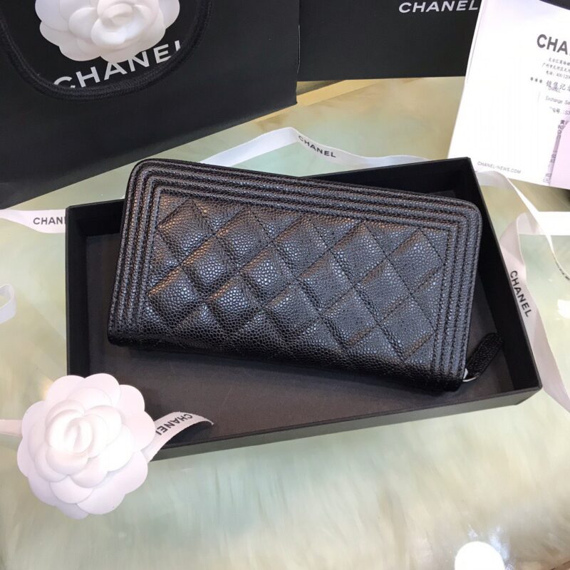 Chanel Wallet Like Auth Black Grained Leather Silver Lock 19x10cm