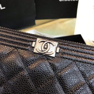 Chanel Wallet Like Auth Black Grained Leather Silver Lock 19x10cm