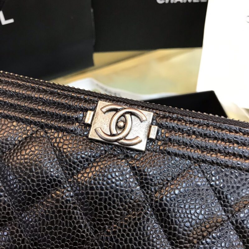 Chanel Wallet Like Auth Black Grained Leather Silver Lock 19x10cm