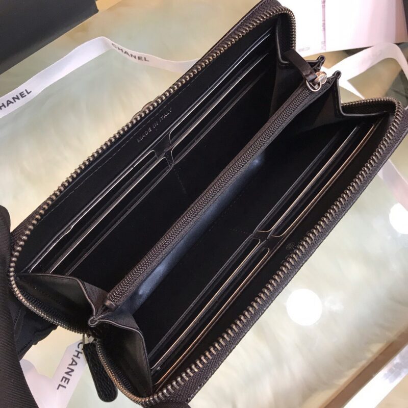 Chanel Wallet Like Auth Black Grained Leather Silver Lock 19x10cm