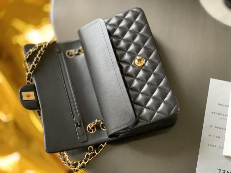 Chanel Charm Like Auth Handbag Sheepskin Black Lock Gold 25x16x7cm