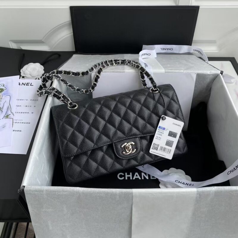Chanel Classic Handbag Black With Silver Lock 25cm
