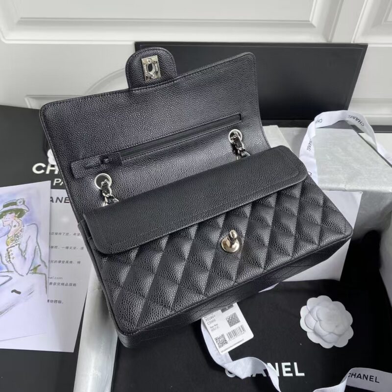 Chanel Classic Handbag Black With Silver Lock 25cm