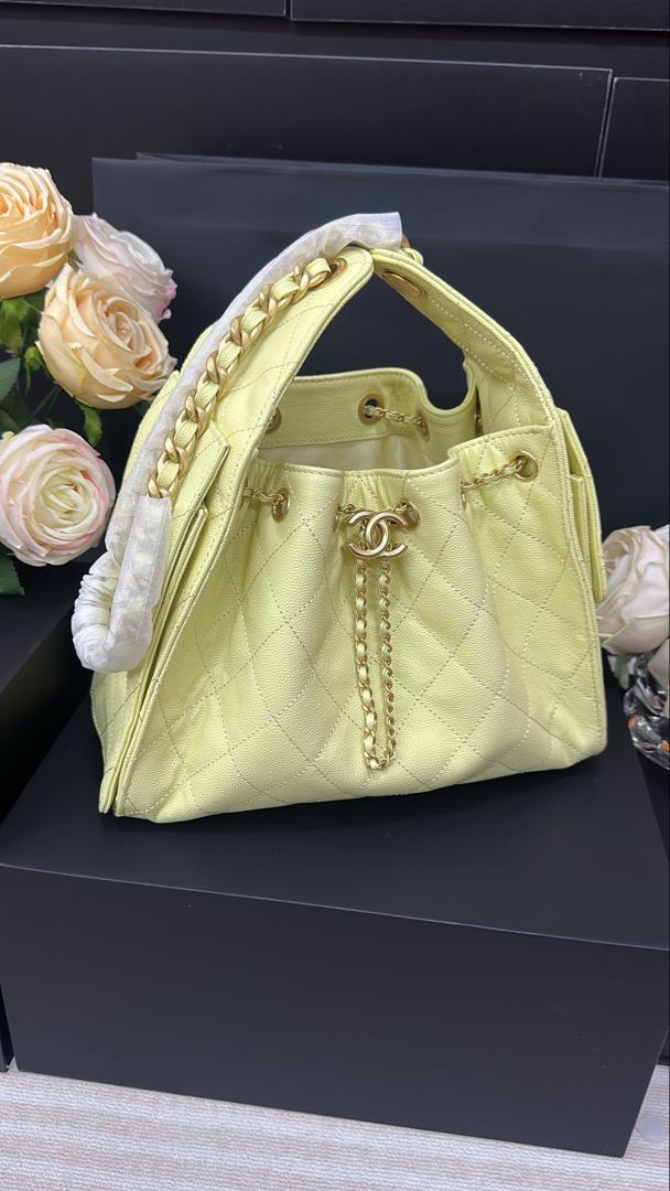 CHANEL 25 HANDBAG 30 IN YELLOW CAVIER GOLD HARDWARE