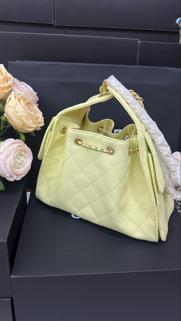 CHANEL 25 HANDBAG 30 IN YELLOW CAVIER GOLD HARDWARE