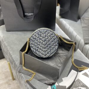 Saint Laurent YSL Women Vinyle Round Camera Bag in Chevron-Quilted Denim and Suede