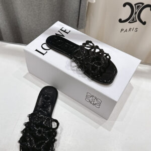 Loewe Leather Petal Anagram Slides in Black