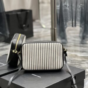 SAINT LAURENT Lou Medium Ysl Striped Canvas Camera Crossbody Bag In Grey Cream
