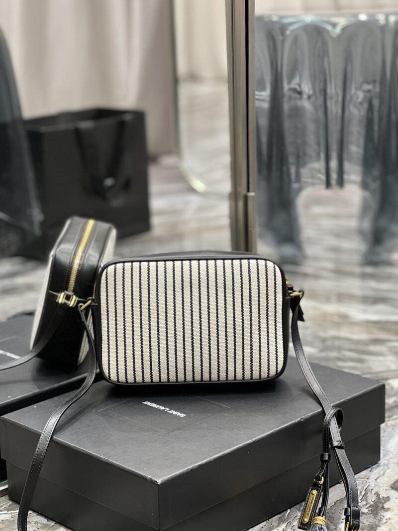 SAINT LAURENT Lou Medium Ysl Striped Canvas Camera Crossbody Bag In Grey Cream