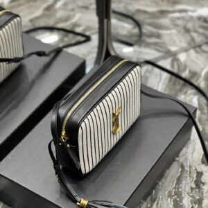 SAINT LAURENT Lou Medium Ysl Striped Canvas Camera Crossbody Bag In Grey Cream