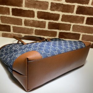 Gucci Medium Tote GG Denim Bag Brown Navy blue Leather