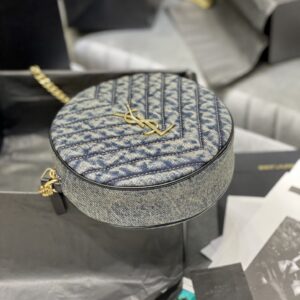 Saint Laurent YSL Women Vinyle Round Camera Bag in Chevron-Quilted Denim and Suede