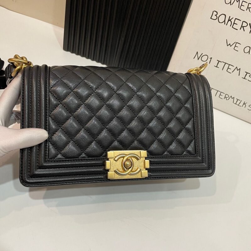 Chanel Boy Handbags Pebbled Leather Black 25.5cm