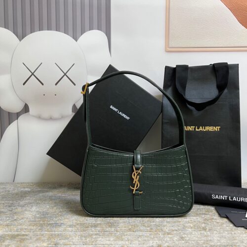 e1efa6c6 SAINT LAURENT Le 5 À 7 Green Crocodile-effect Leather Shoulder Bag In Dark Green