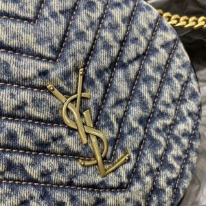 Saint Laurent YSL Women Vinyle Round Camera Bag in Chevron-Quilted Denim and Suede
