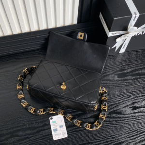 CHANEL MEDIUM FLAP BAG 26 IN BLACK CALFSKIN GOLD DOUBLE C THICK CHAIN
