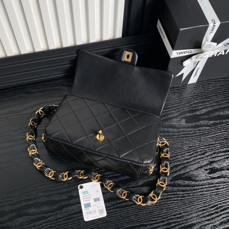 CHANEL MEDIUM FLAP BAG 26 IN BLACK CALFSKIN GOLD DOUBLE C THICK CHAIN