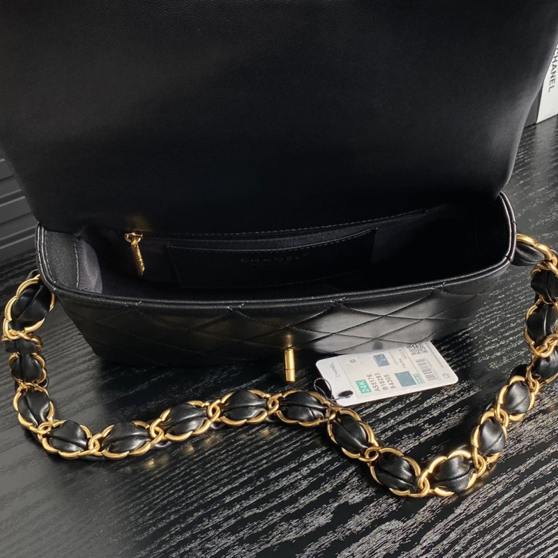 CHANEL MEDIUM FLAP BAG 26 IN BLACK CALFSKIN GOLD DOUBLE C THICK CHAIN