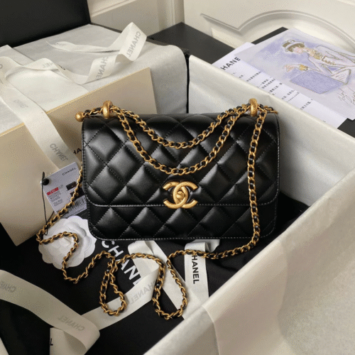 img_0539-1 CHANEL FLAP BAG 22 IN BLACK CALFSKIN WITH DOUBLE GOLD BALL