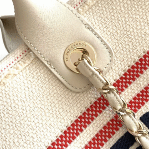 CHANEL SHOPPING BAG 34 IN WHITE RED AND NAVY BLUE CANVAS