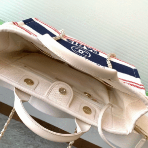 CHANEL SHOPPING BAG 34 IN WHITE RED AND NAVY BLUE CANVAS