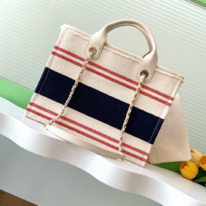CHANEL SHOPPING BAG 34 IN WHITE RED AND NAVY BLUE CANVAS