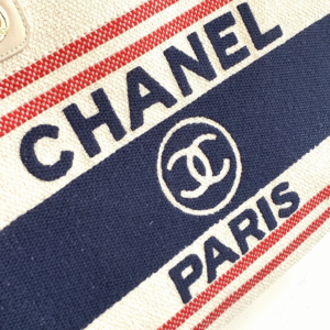 CHANEL SHOPPING BAG 34 IN WHITE RED AND NAVY BLUE CANVAS