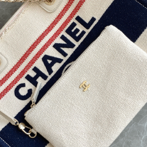 CHANEL SHOPPING BAG 34 IN WHITE RED AND NAVY BLUE CANVAS