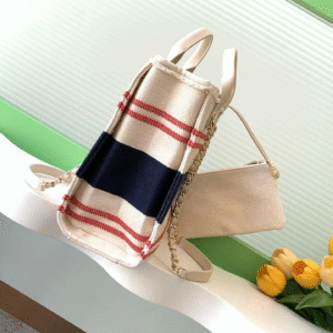 CHANEL SHOPPING BAG 34 IN WHITE RED AND NAVY BLUE CANVAS